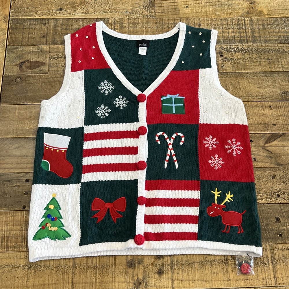 Vtg Womans Christmas Vest Large Holiday Editions Embroidery Applique Button Ugly